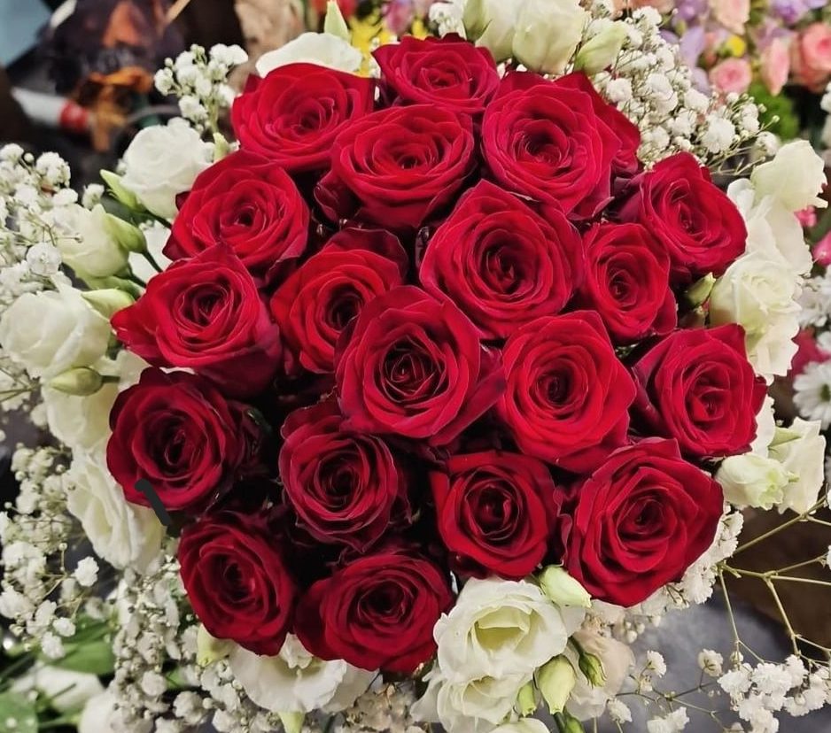 Composition ronde de roses rouges, roses blanches et gypsophile